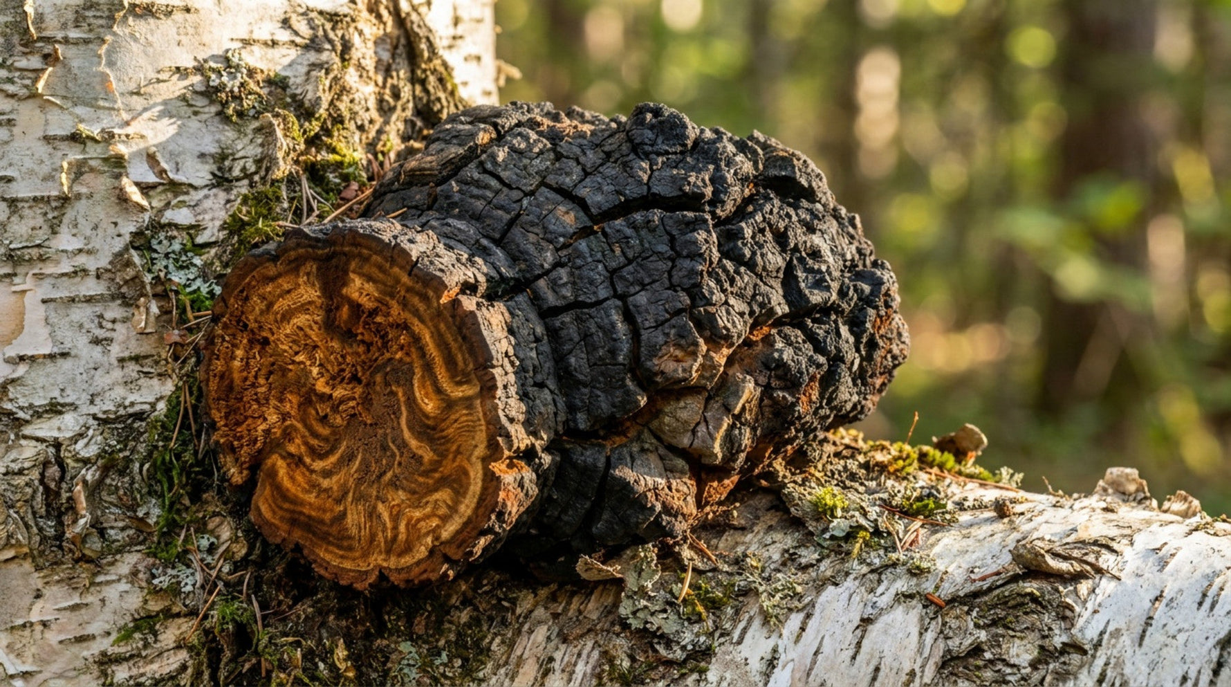 Black chaga mushroom growing on the trunk of a birch tree in a forest