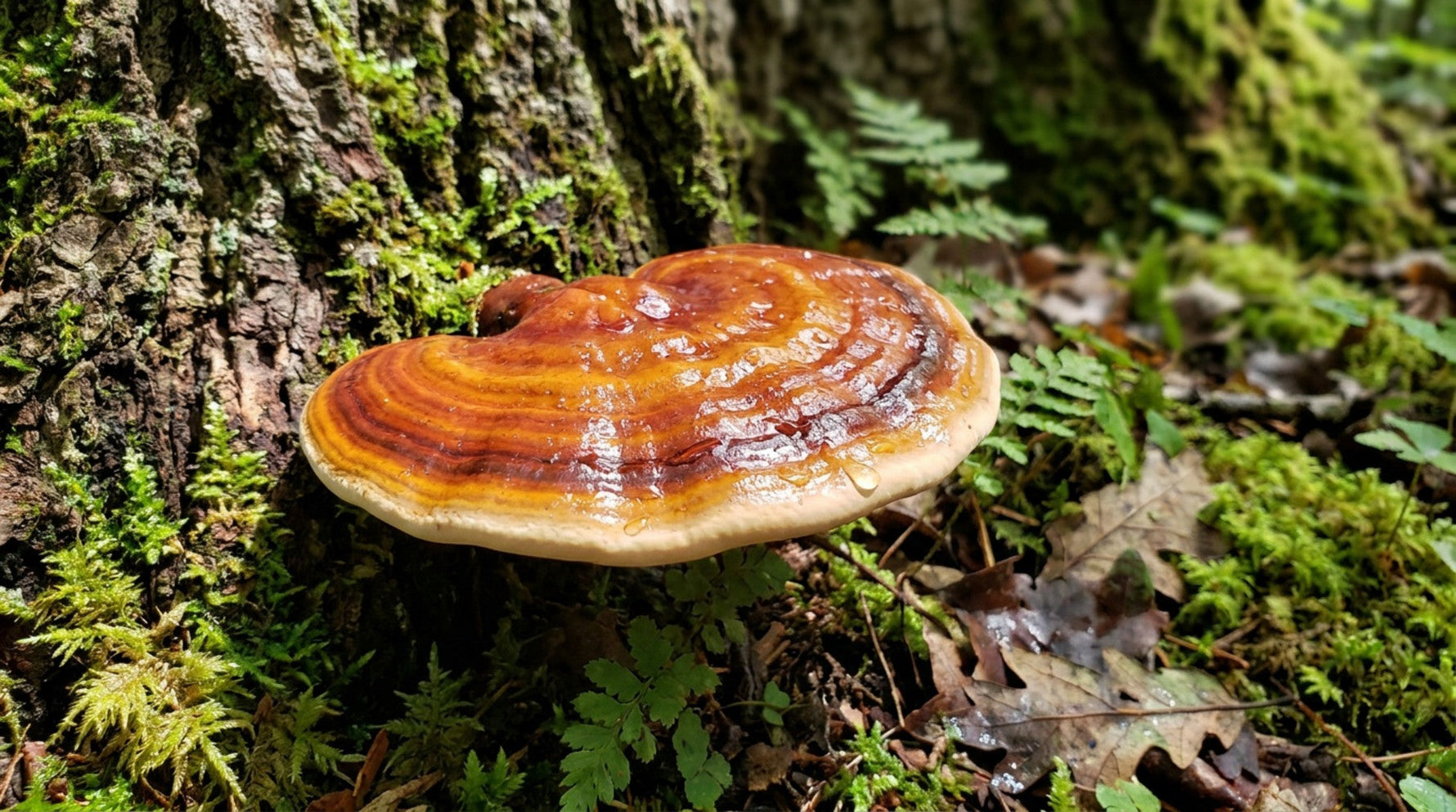 Glossy reddish-brown reishi mushroom growing from a moss-covered tree trunk