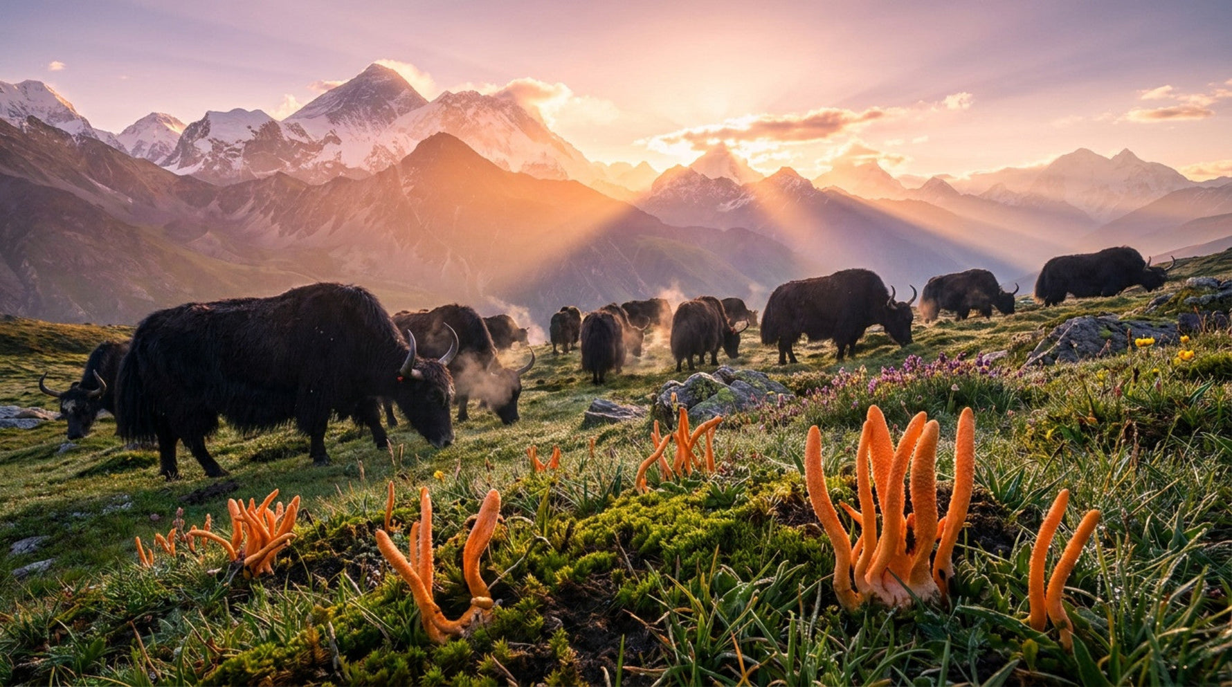 Herd of yaks grazing near orange cordyceps fungi in a high-altitude mountain meadow at sunrise